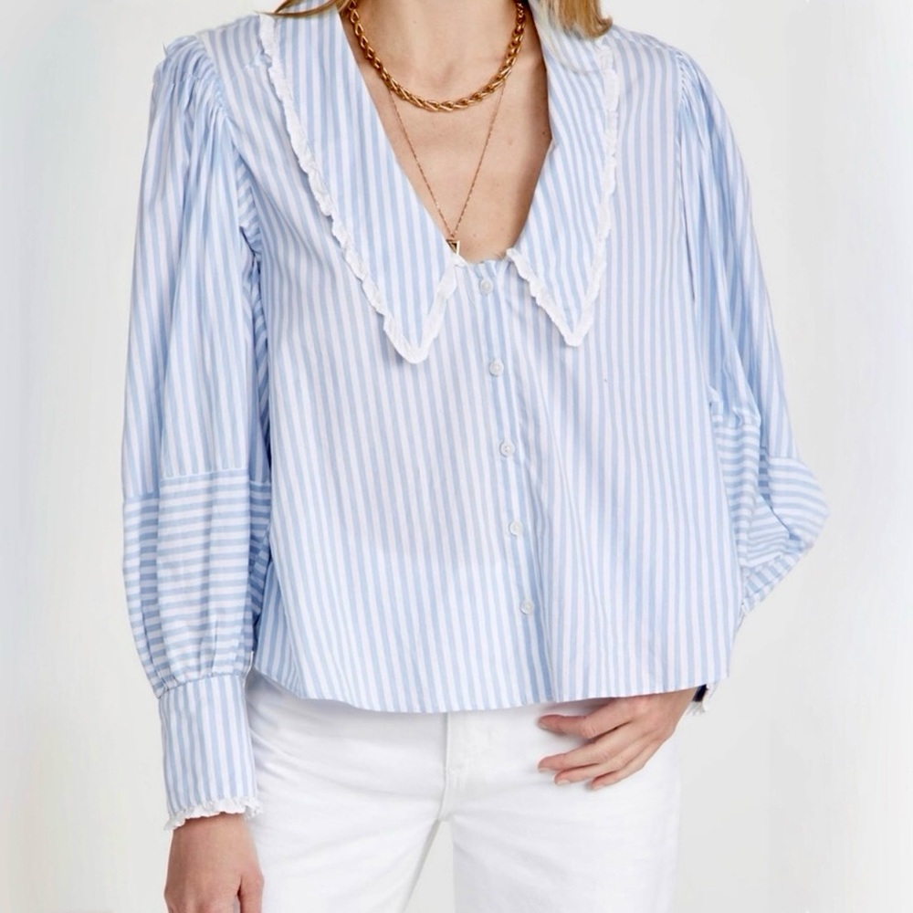 Free People Bexley Stripe Bohemian English Cottagecore Top Blue Cotton Blouse S